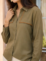 Green Linen Front Panel Shirt With Thread Work Embroidery