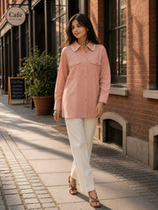 Peach Cotton Flex Shirt with Lace-Trimmed Collar & Flap Pockets