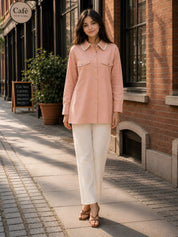 Peach Cotton Flex Shirt with Lace-Trimmed Collar & Flap Pockets