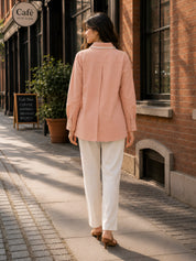 Peach Cotton Flex Shirt with Lace-Trimmed Collar & Flap Pockets