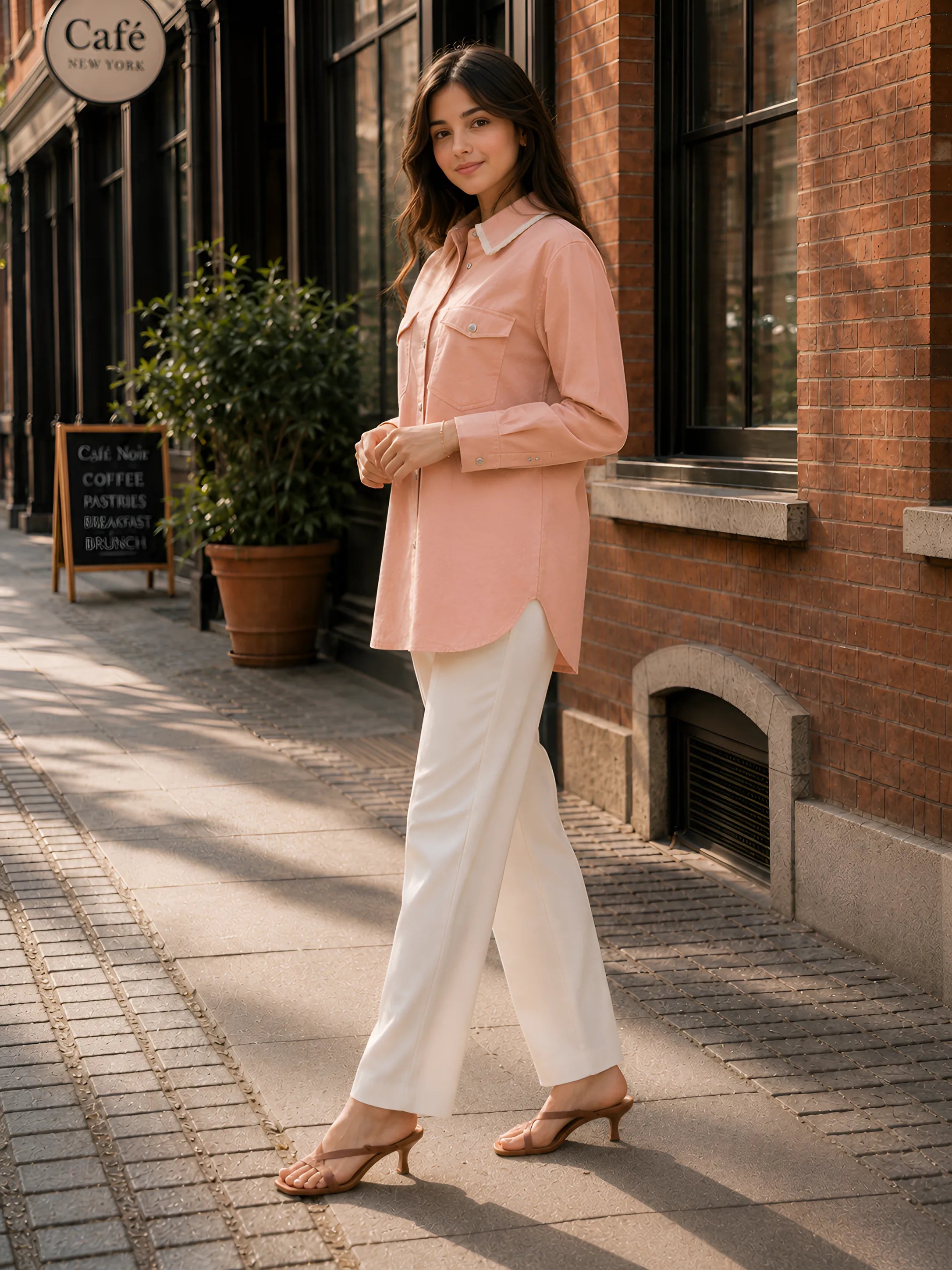 Peach Cotton Flex Shirt with Lace-Trimmed Collar & Flap Pockets