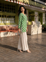 Green Leaf Block Print Short Kurti with Criss-Cross Tie Sides in Cotton