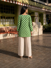 Green Leaf Block Print Short Kurti with Criss-Cross Tie Sides in Cotton