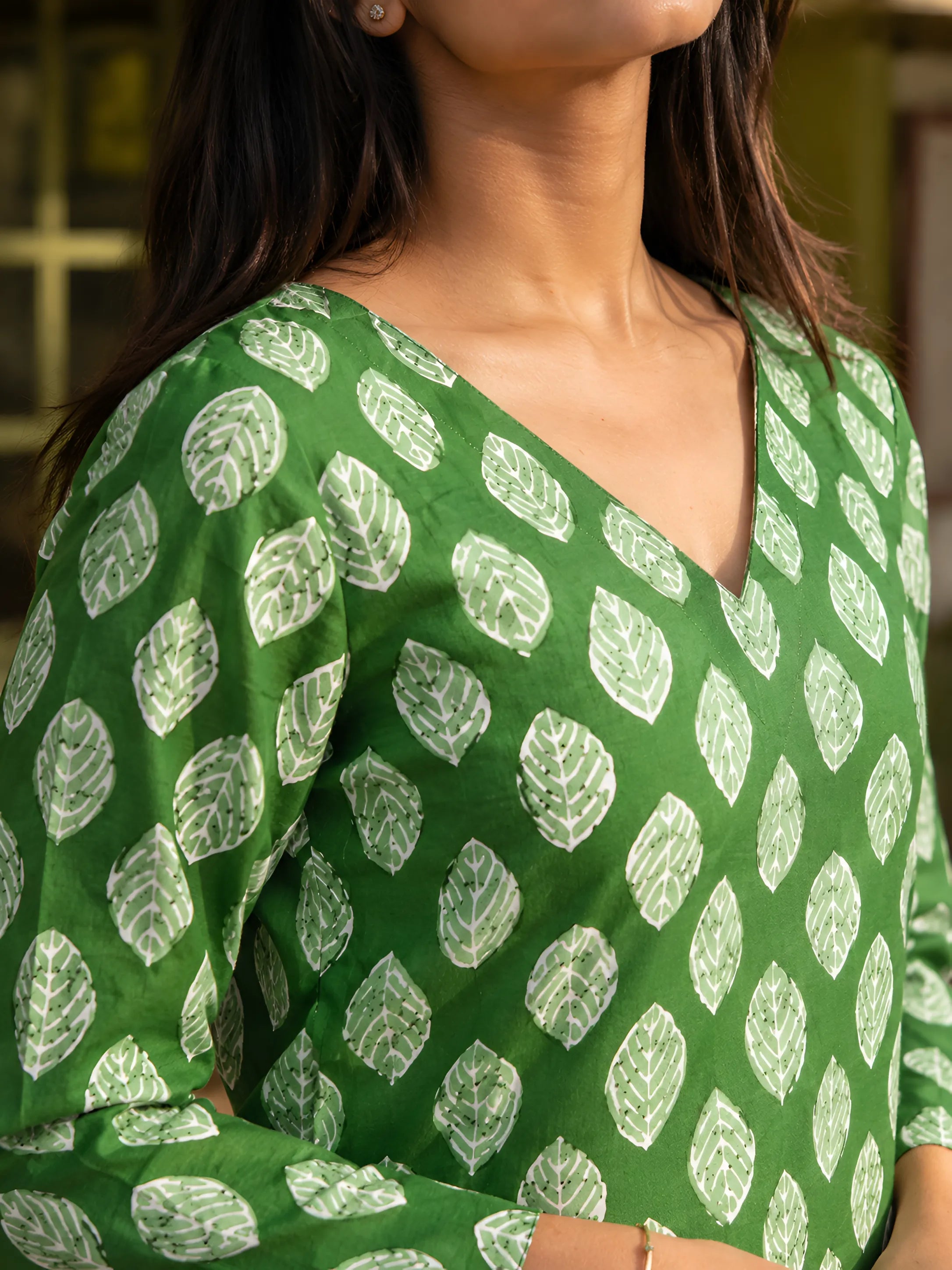 Green Leaf Block Print Short Kurti with Criss-Cross Tie Sides in Cotton