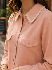 Peach Cotton Flex Shirt with Lace-Trimmed Collar & Flap Pockets