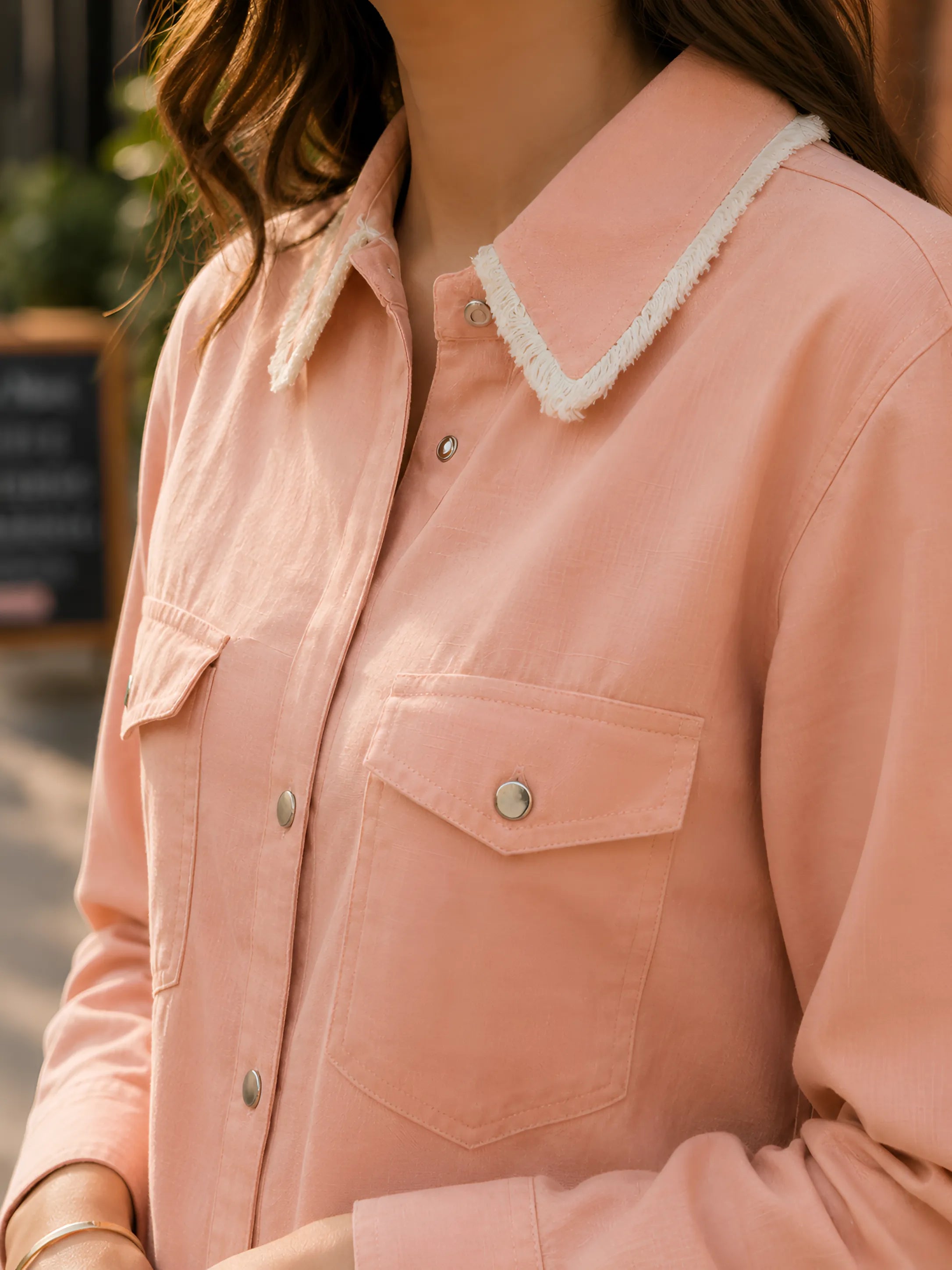 Peach Cotton Flex Shirt with Lace-Trimmed Collar & Flap Pockets
