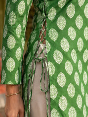 Green Leaf Block Print Short Kurti with Criss-Cross Tie Sides in Cotton