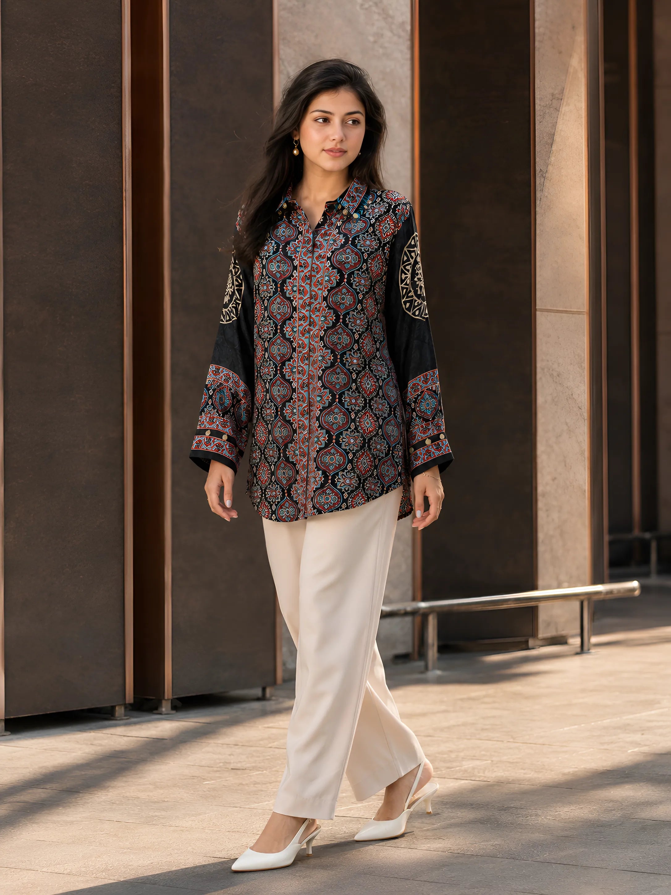 Black Kalamkari-Inspired Printed Shirt with Coin Tassel Collar in Crepe
