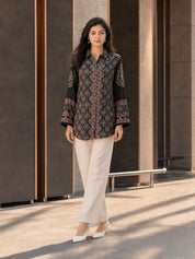 Black Kalamkari-Inspired Printed Shirt with Coin Tassel Collar in Crepe