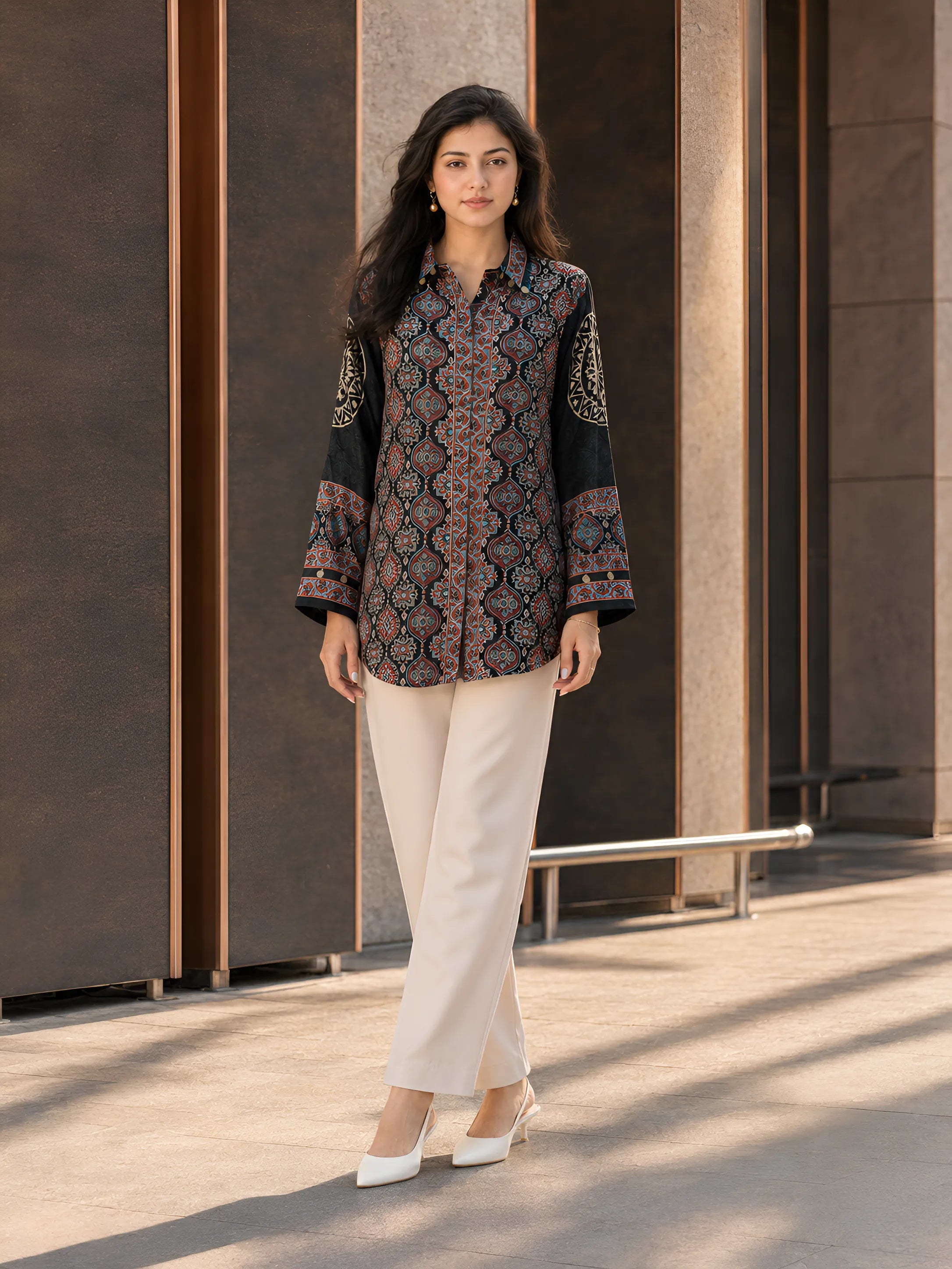 Black Kalamkari-Inspired Printed Shirt with Coin Tassel Collar in Crepe