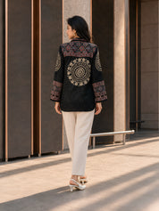 Black Kalamkari-Inspired Printed Shirt with Coin Tassel Collar in Crepe