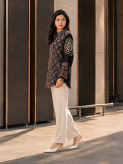 Black Kalamkari-Inspired Printed Shirt with Coin Tassel Collar in Crepe