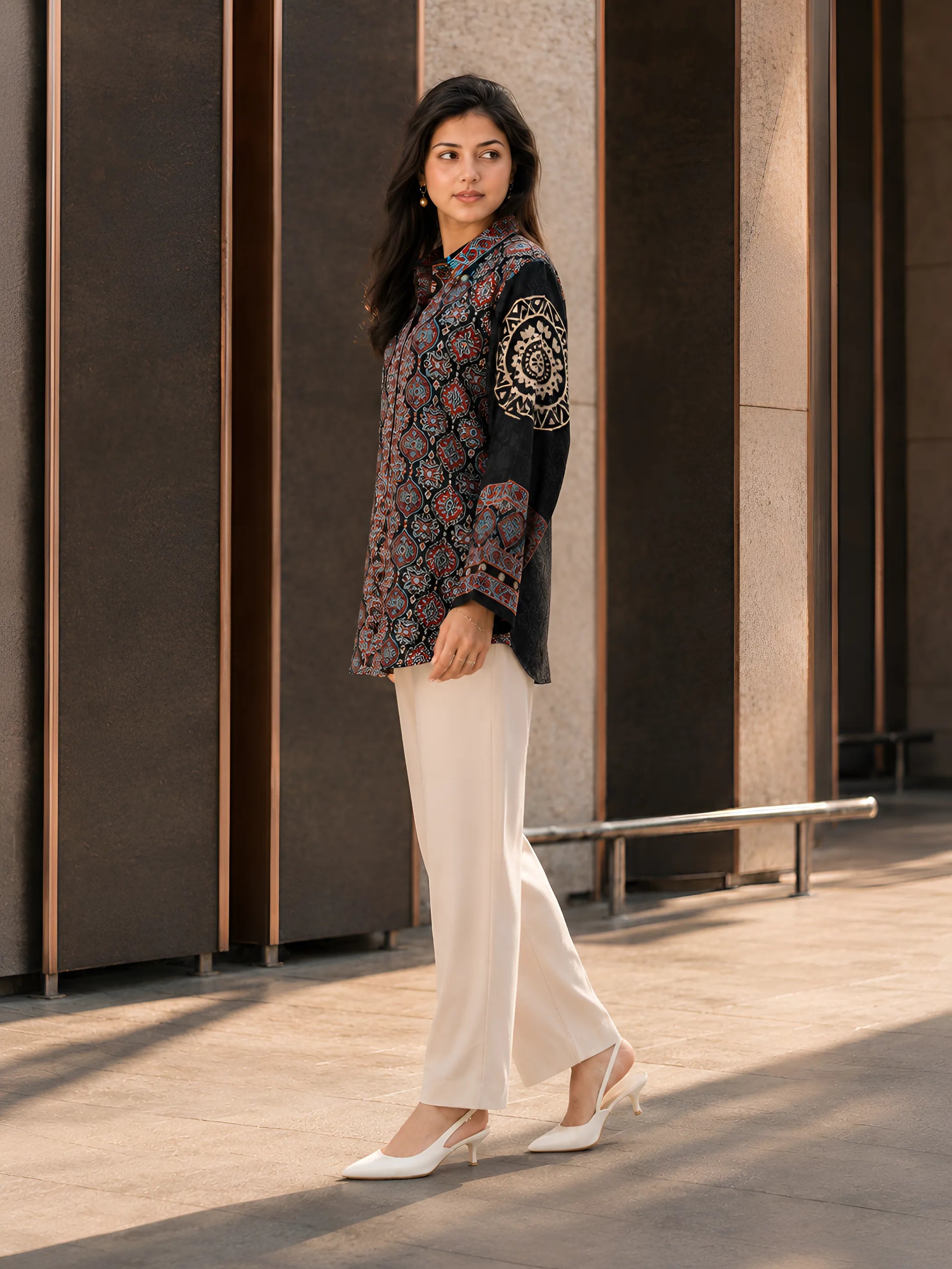Black Kalamkari-Inspired Printed Shirt with Coin Tassel Collar in Crepe