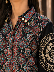 Black Kalamkari-Inspired Printed Shirt with Coin Tassel Collar in Crepe