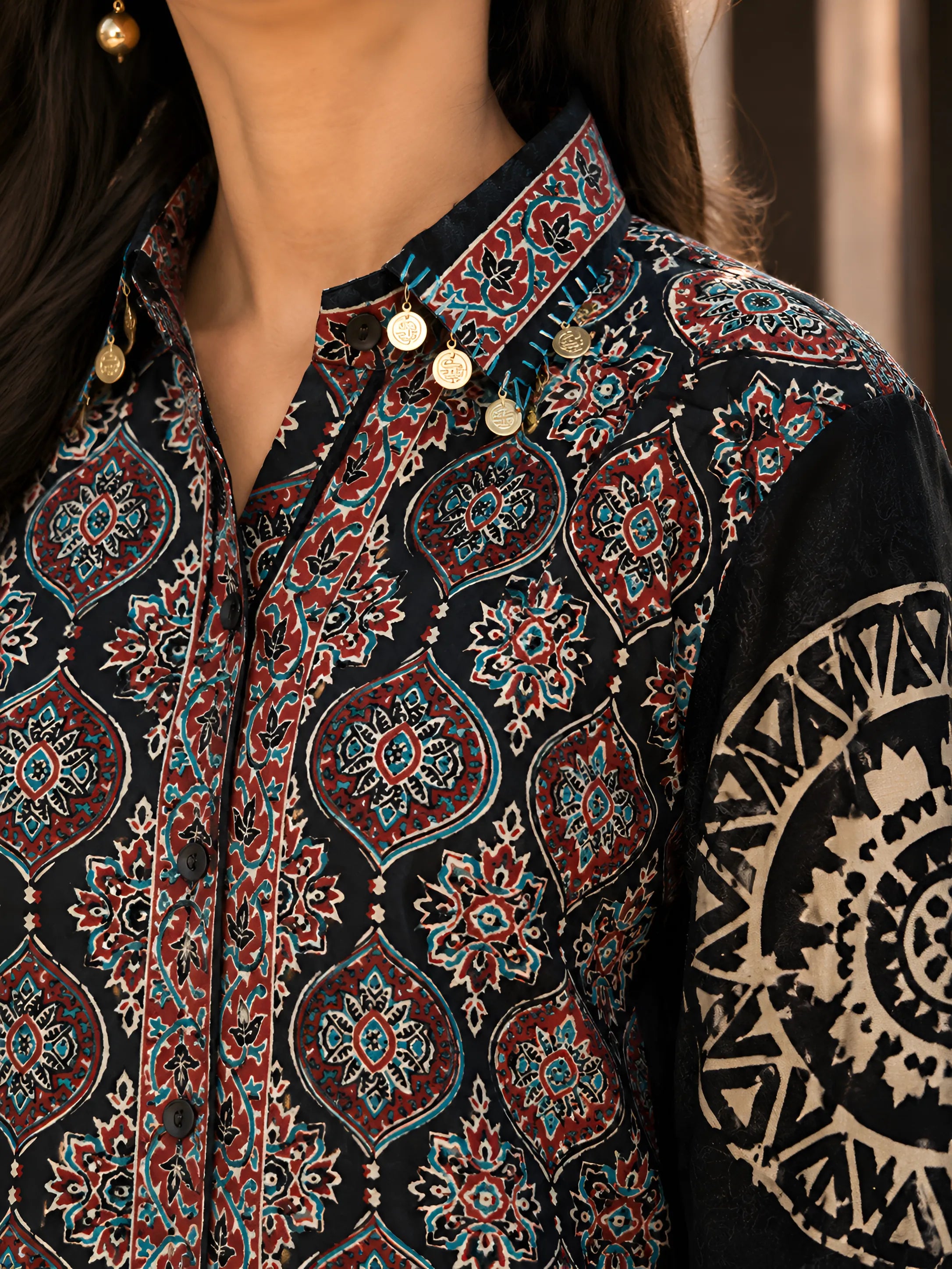 Black Kalamkari-Inspired Printed Shirt with Coin Tassel Collar in Crepe