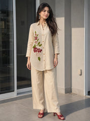Beige Crochet-Panel Co-ord Set with Floral Appliqué Embroidery in Cotton Flex