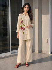 Beige Crochet-Panel Co-ord Set with Floral Appliqué Embroidery in Cotton Flex