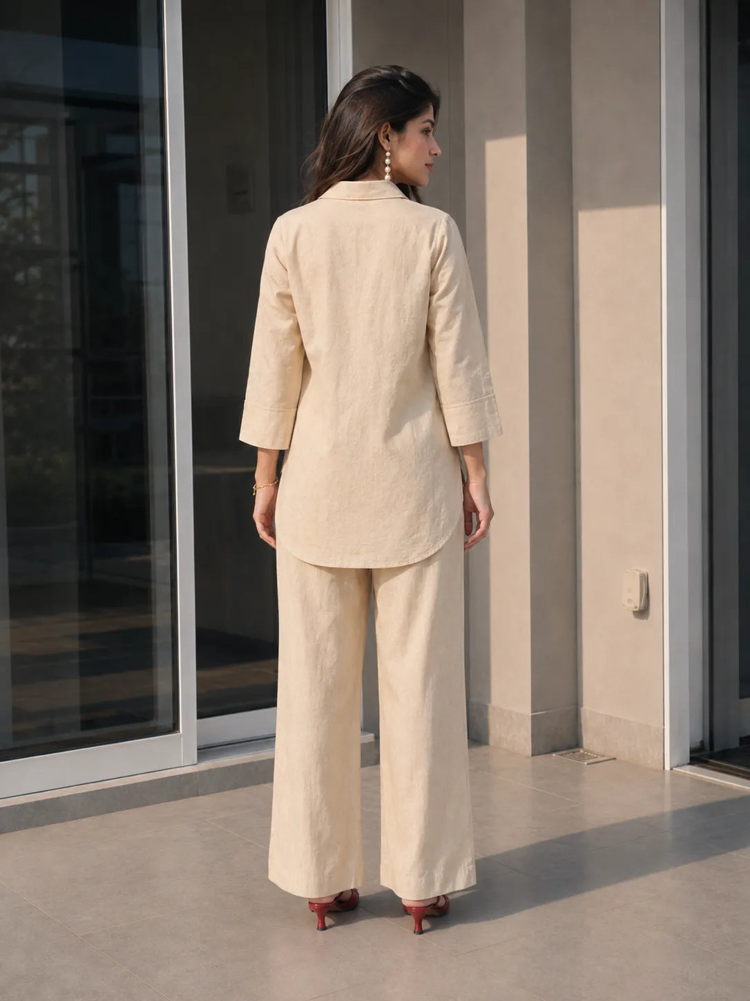 Beige Crochet-Panel Co-ord Set with Floral Appliqué Embroidery in Cotton Flex