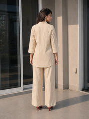Beige Crochet-Panel Co-ord Set with Floral Appliqué Embroidery in Cotton Flex