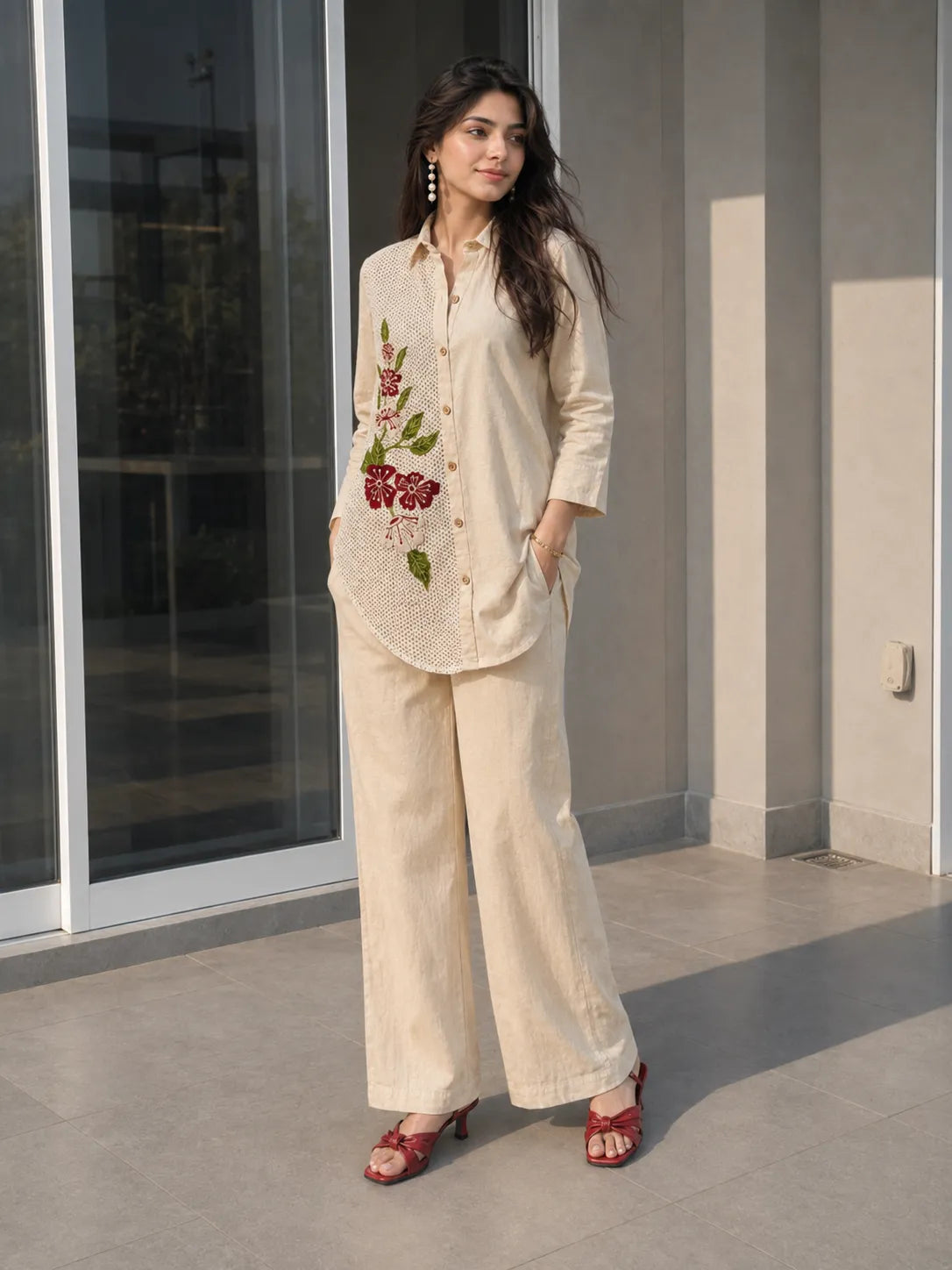 Beige Crochet-Panel Co-ord Set with Floral Appliqué Embroidery in Cotton Flex