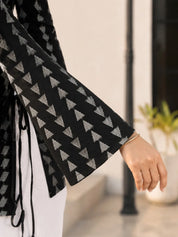 Black Geometric Triangle Print Short Kurti with Criss-Cross Tie Sides in Cotton