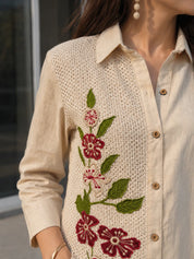 Beige Crochet-Panel Co-ord Set with Floral Appliqué Embroidery in Cotton Flex