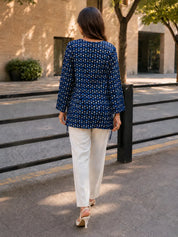 Navy Blue Floral Block Print Short Kurti with Criss-Cross Tie Sides in Cotton
