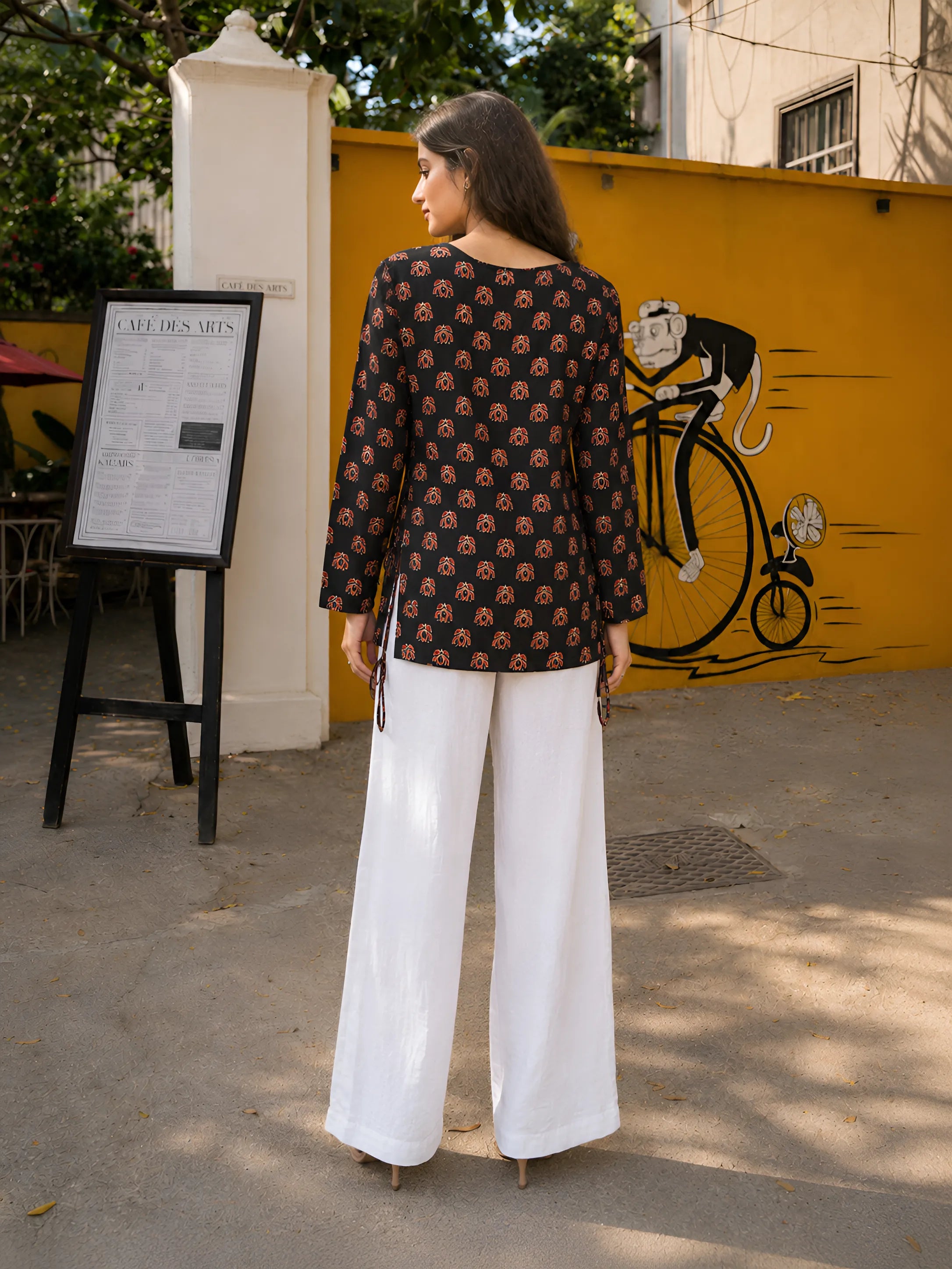 Black Lotus Block Print Short Kurti with Criss-Cross Tie Sides in Cotton