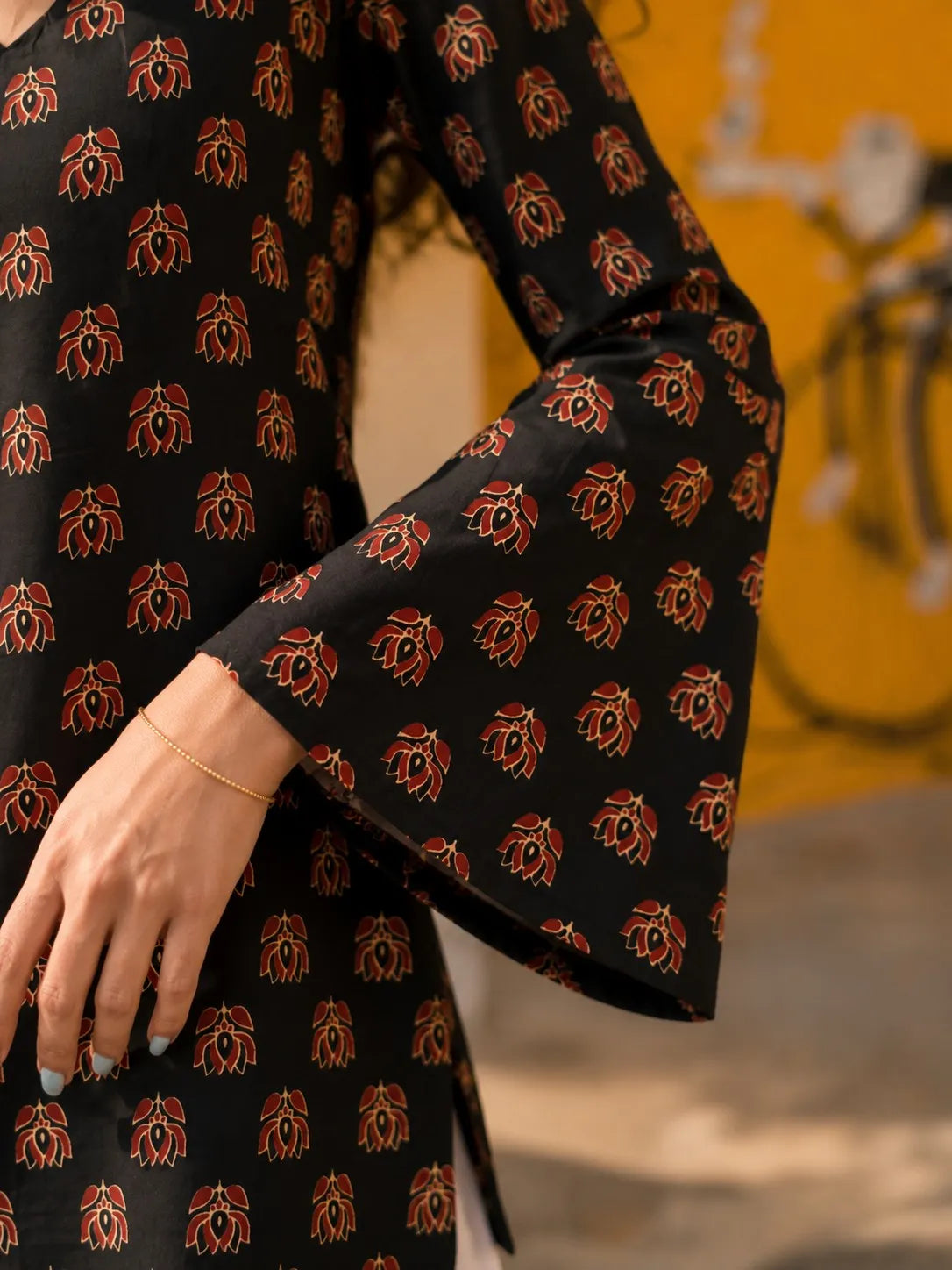Black Lotus Block Print Short Kurti with Criss-Cross Tie Sides in Cotton