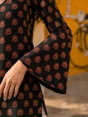 Black Lotus Block Print Short Kurti with Criss-Cross Tie Sides in Cotton