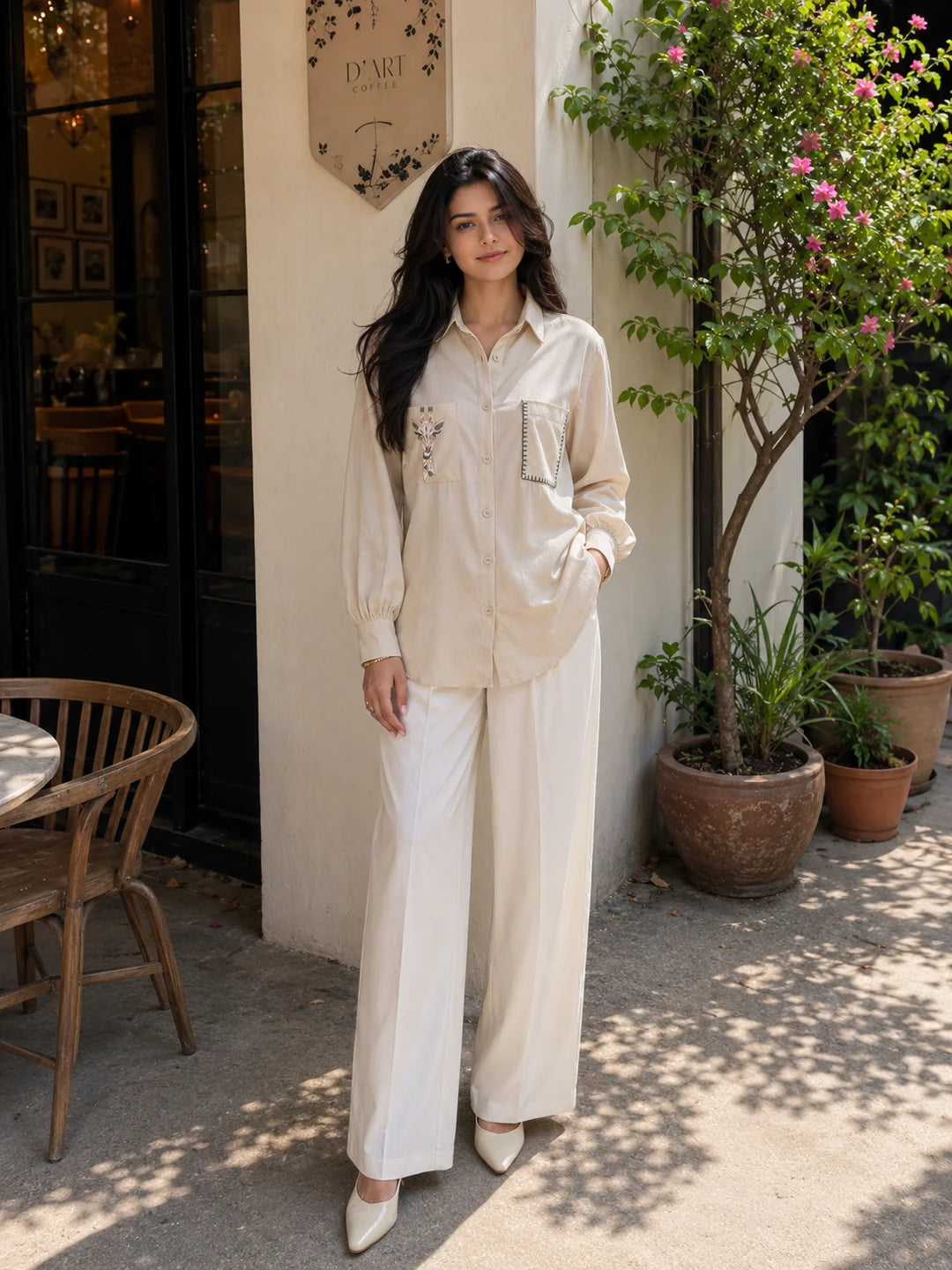 Beige Linen Shirt with Thread Work Embroidery