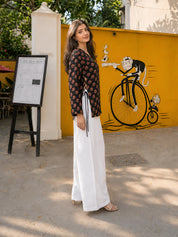 Black Lotus Block Print Short Kurti with Criss-Cross Tie Sides in Cotton