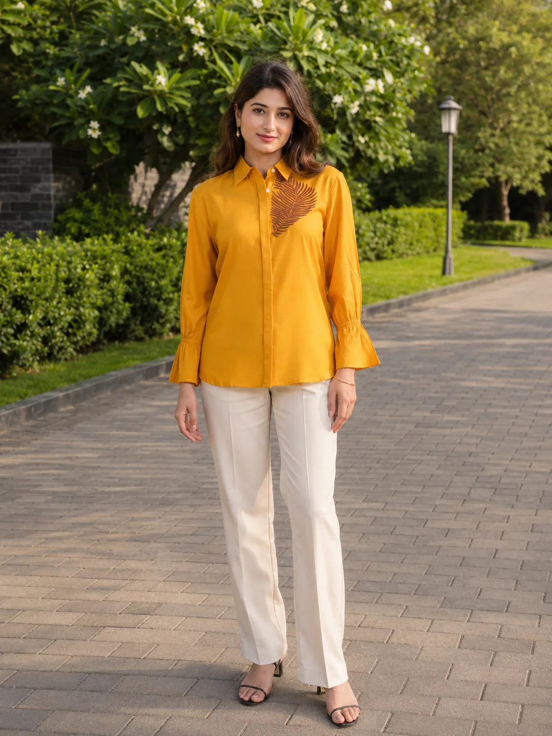 Kameez Mustard Yellow Sushi Voile Thread Embroidered Elasticated Cuff Shirt