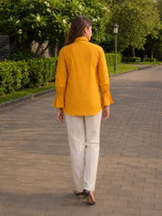 Kameez Mustard Yellow Sushi Voile Thread Embroidered Elasticated Cuff Shirt