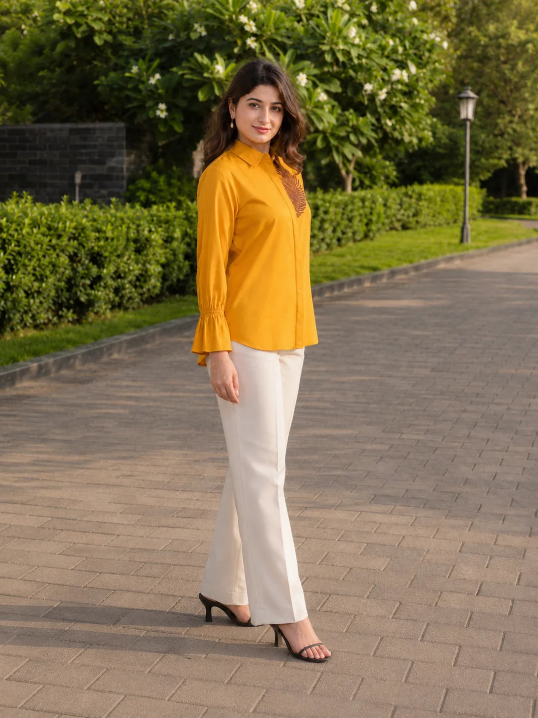 Kameez Mustard Yellow Sushi Voile Thread Embroidered Elasticated Cuff Shirt