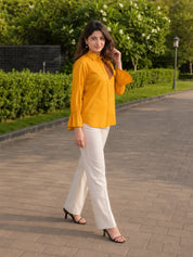 Kameez Mustard Yellow Sushi Voile Thread Embroidered Elasticated Cuff Shirt