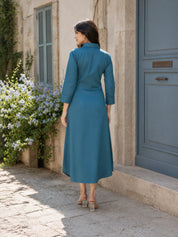 Teal Blue Embroidered Thread Work Poplin Dress
