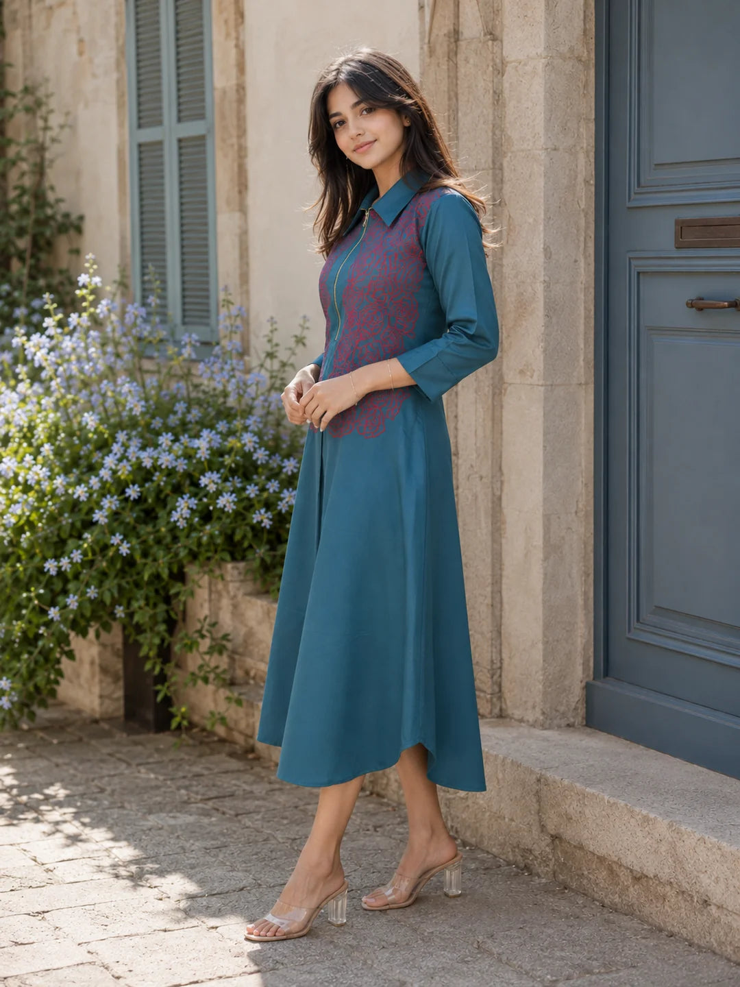 Teal Blue Embroidered Thread Work Poplin Dress