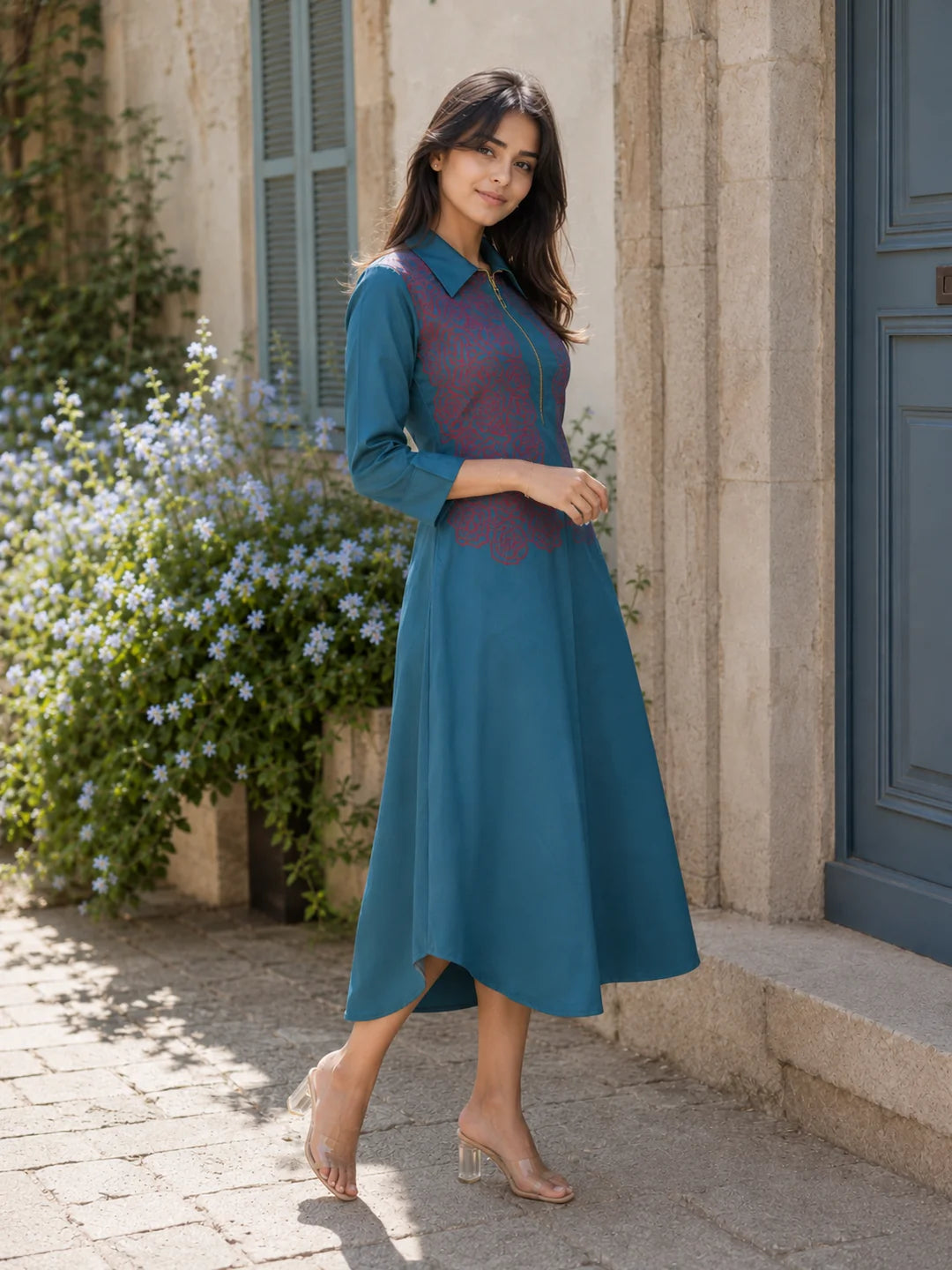 Teal Blue Embroidered Thread Work Poplin Dress