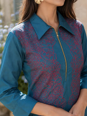 Teal Blue Embroidered Thread Work Poplin Dress