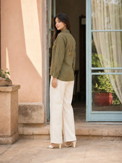 Green Linen Front Panel Shirt With Thread Work Embroidery