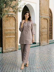 Earthy Mauve Appliqué Cotton Flex Co-ord Set