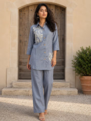 Light Blue Mirror Work Linen Blend Co-ord Set