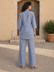 Light Blue Mirror Work Linen Blend Co-ord Set