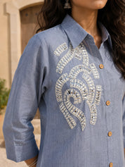 Light Blue Mirror Work Linen Blend Co-ord Set