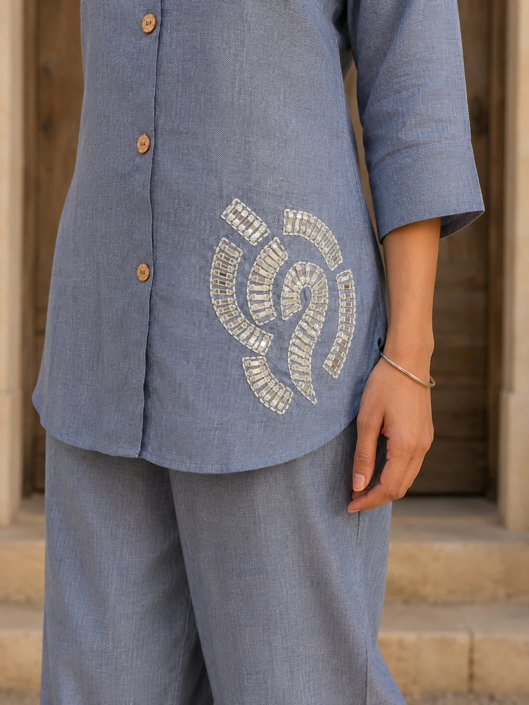 Light Blue Mirror Work Linen Blend Co-ord Set