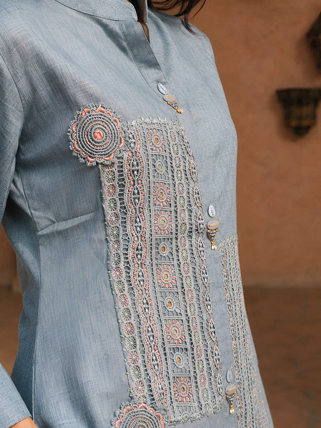 Steel Blue Embroidered Co-ord Set in Cotton