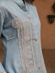 Steel Blue Embroidered Co-ord Set in Cotton