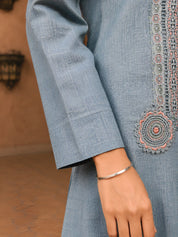 Steel Blue Embroidered Co-ord Set in Cotton