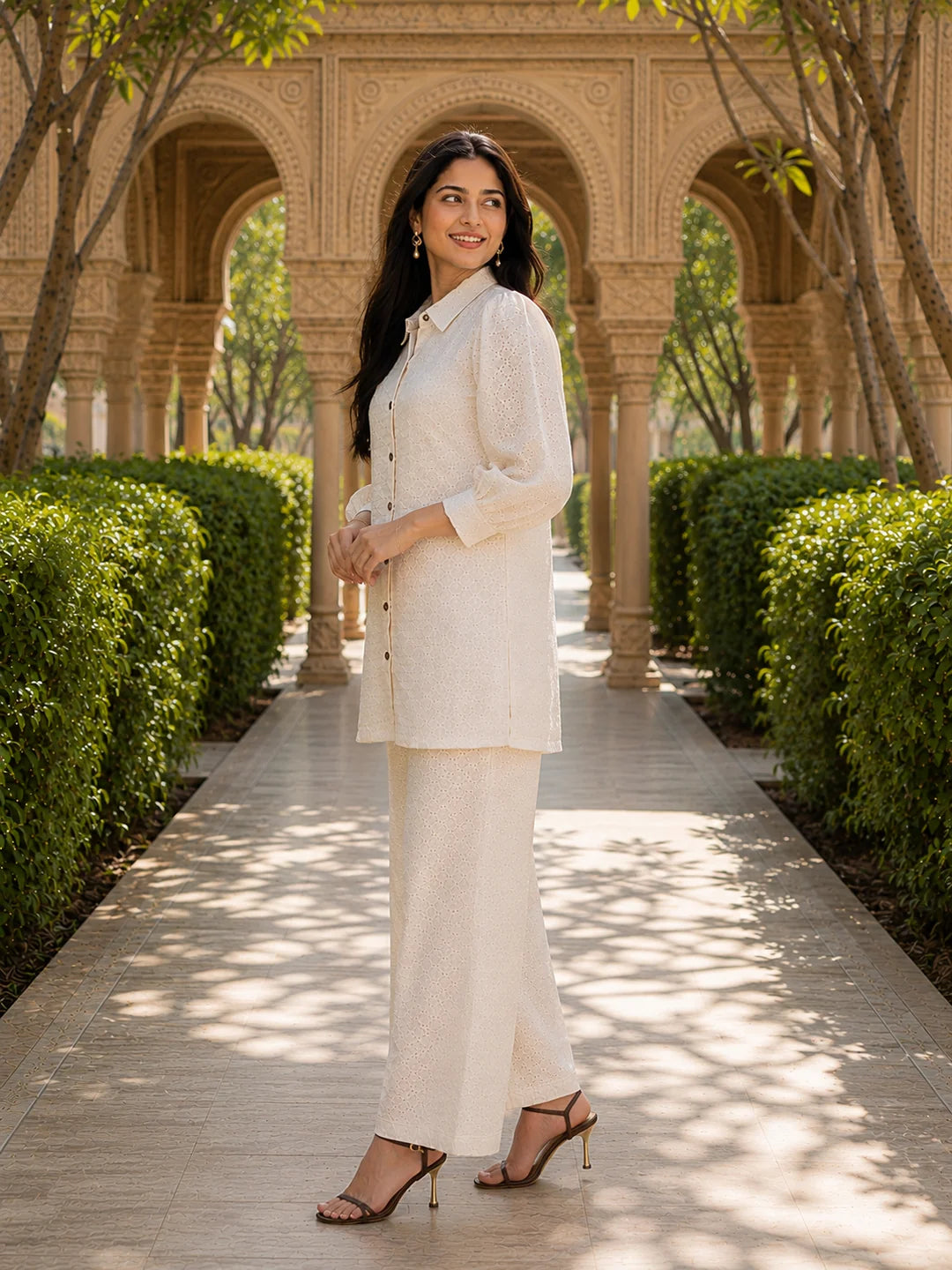 Offwhite Schiffli Embroidered Co-ord Set in Cotton
